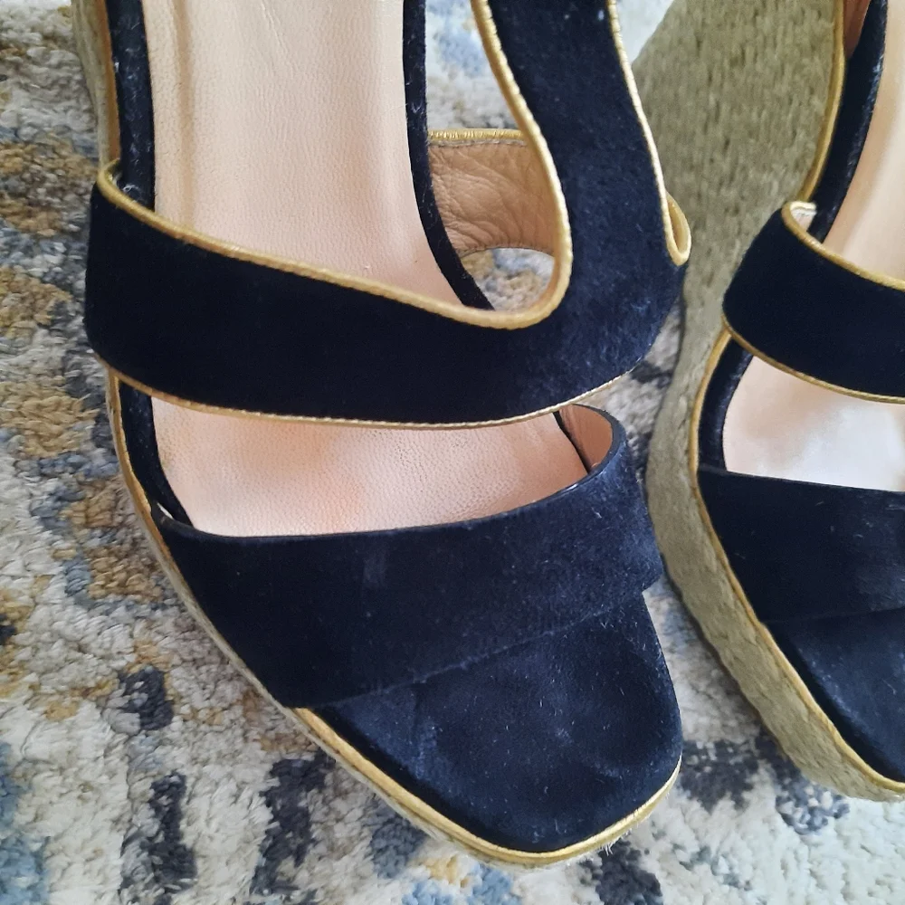 Cole Haan Navy and Tan Espadrille Wedge Sandals